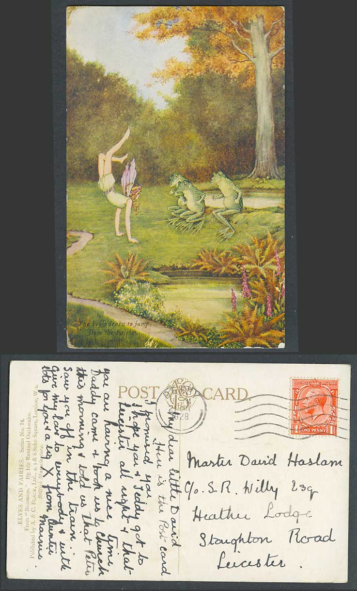 IR OUTHWAITE 1928 Old Postcard The Frogs Learn To Jump from Fairies BlossomElves