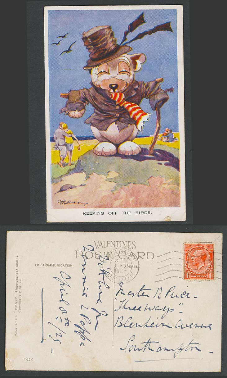 BONZO DOG GE Studdy 1929 Old Postcard Scarecrow Keeping Off Birds, Seaside 1312