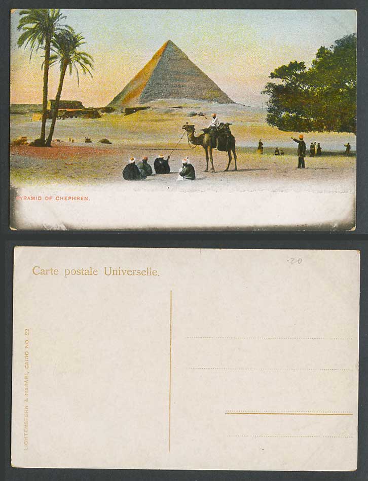 Egypt Old Colour Postcard Pyramid of Chephren Cheops, Camel Rider Palm Trees Men