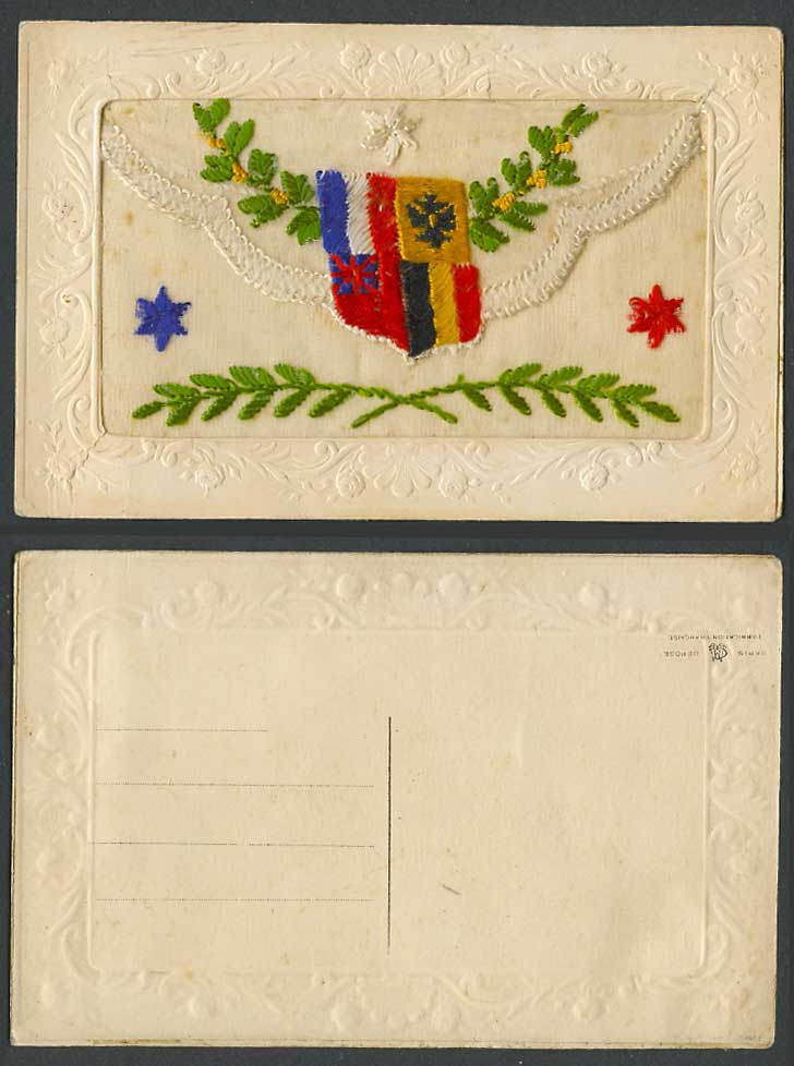 WW1 SILK Embroidered Old Postcard Coat of Arms Stars Flower Empty Wallet Novelty