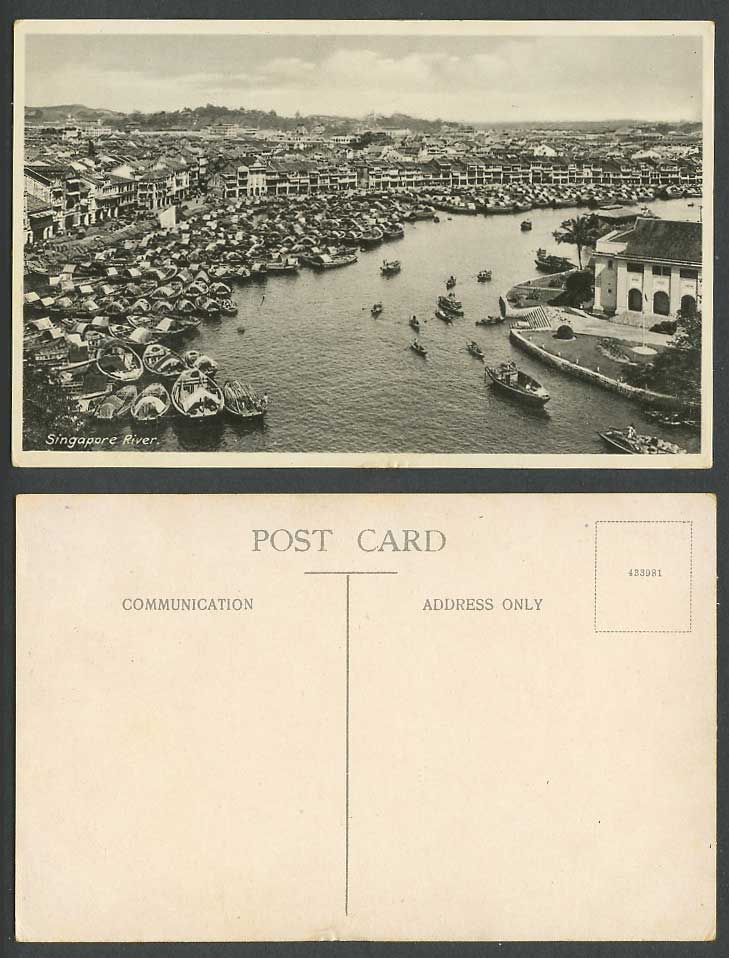 Singapore River Scene Malay Sampans Boats Harbour Gardens Panorama Old Postcard