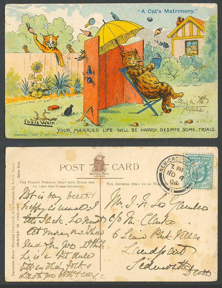 LOUIS WAIN Artist Signed A Cat's Matrimony, Happy Married Life 1904 Old Postcard