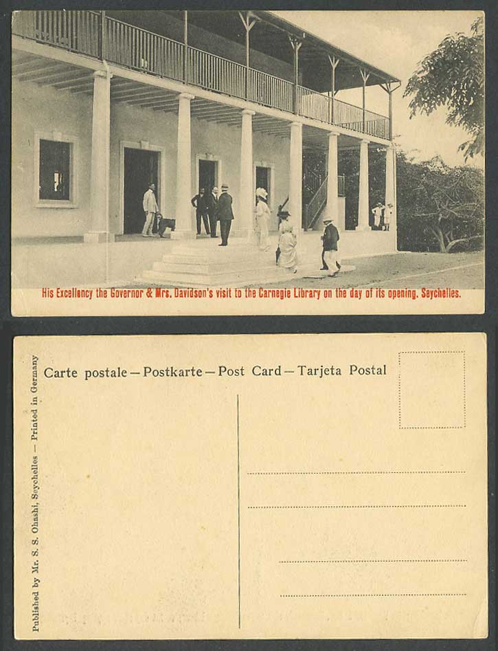 Seychelles 1910 Old Postcard Governor Davidson Visit to Carnegie Library Opening