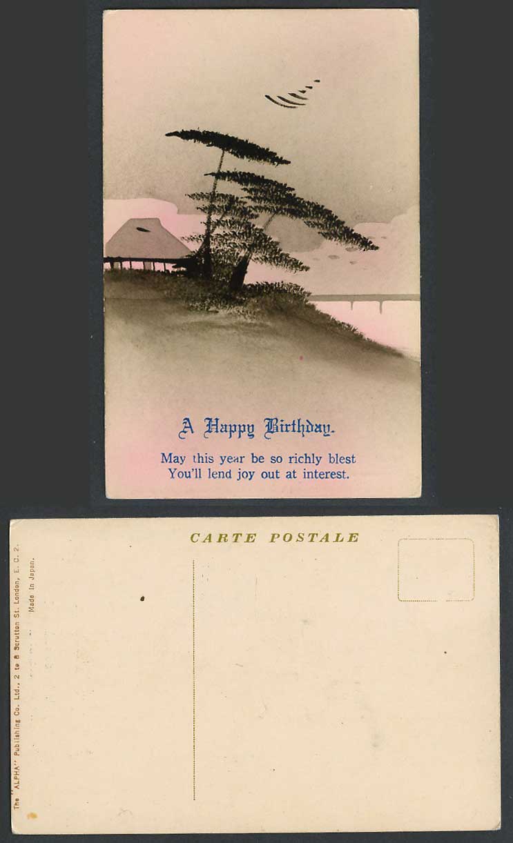 Japan Old Genuine Hand Painted Postcard Bridge, Pine Trees Hut, A Happy Birthday
