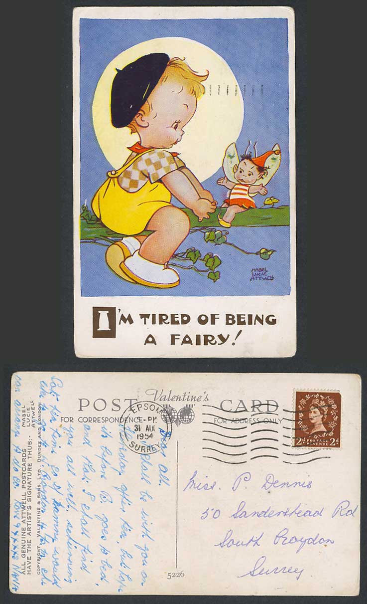 MABEL LUCIE ATTWELL 1954 Old Postcard I'm Tired of Being a Fairy, Full Moon 5226