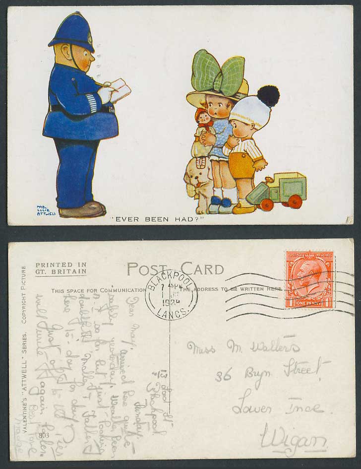 MABEL LUCIE ATTWELL 1928 Old Postcard Police Ever Be Had? Boy Girl, Dog Doll 803