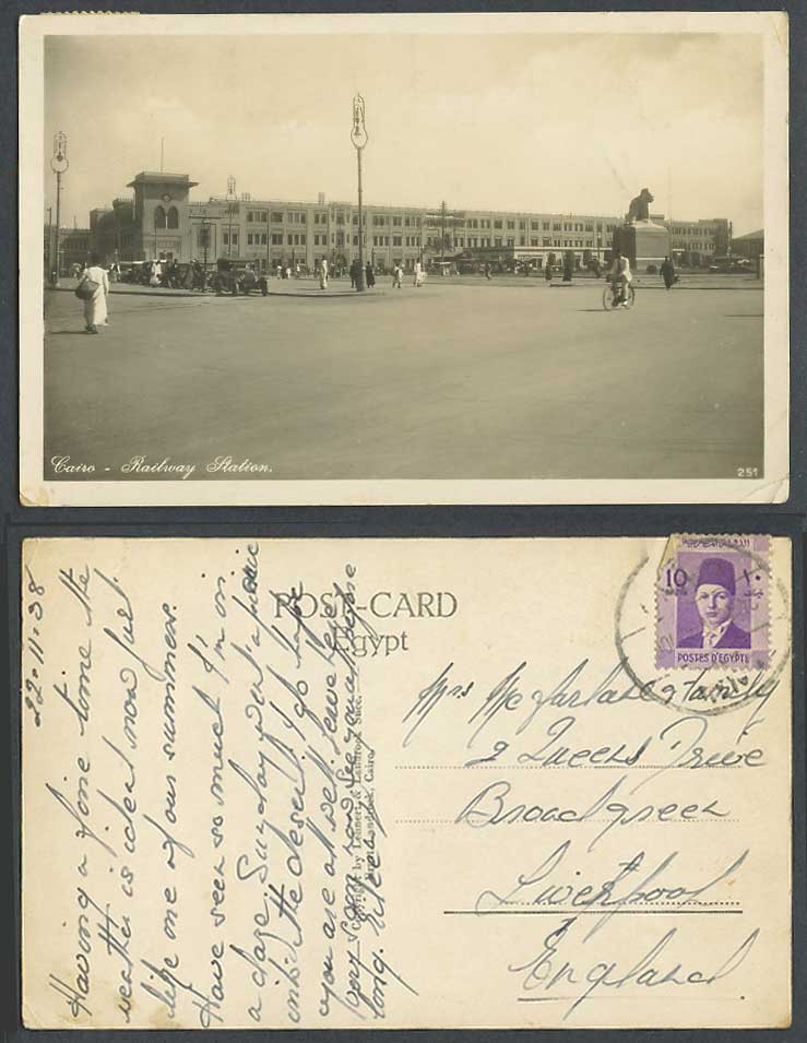 Egypt 1938 Old RP Postcard Cairo Railway Station Cyclist Street Scene Motor Cars