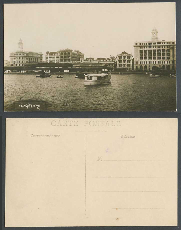 Singapore Old Real Photo Postcard Waterfront View from Sea Ferry Boats Panorama