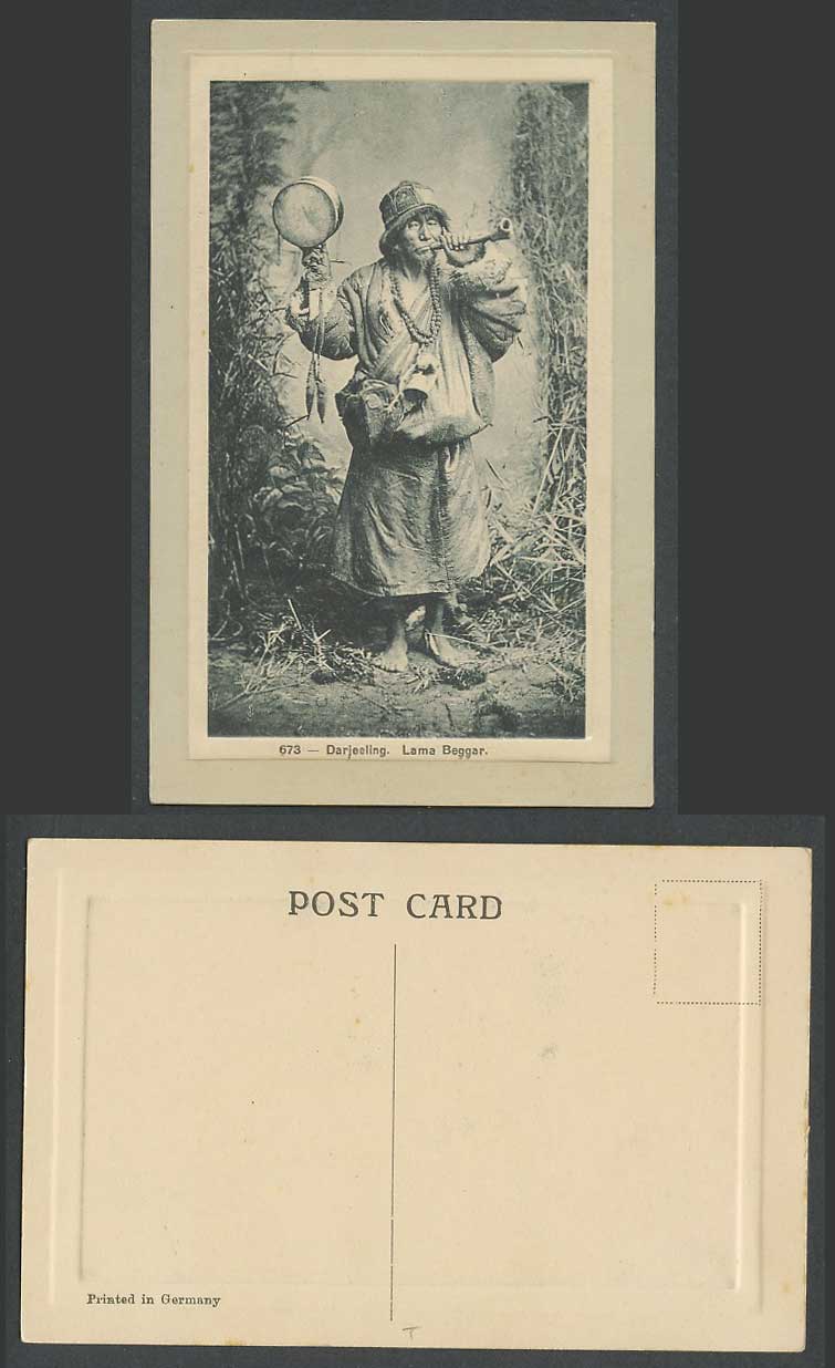 TIBET China Old Embossed Postcard TIBETAN LAMA BEGGAR Horn Shawm Darjeeling 673.