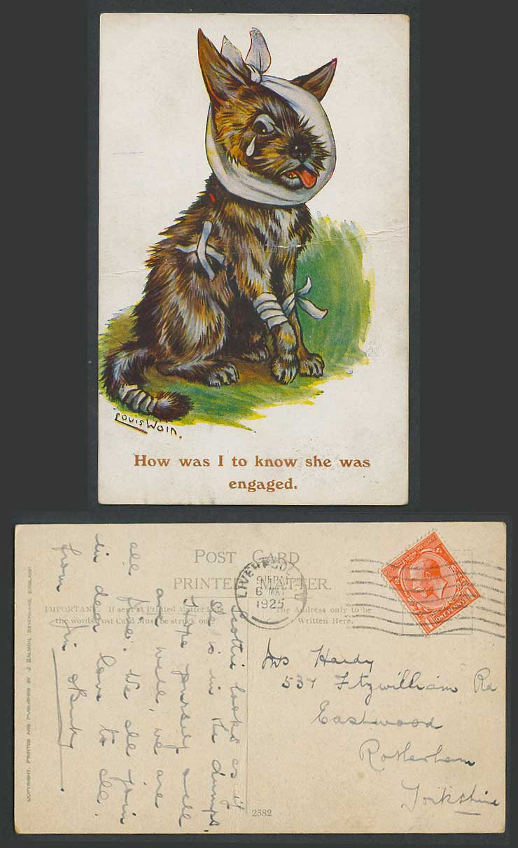 Louis Wain Artist Signed, Cat Kitten, How I Know She's Engaged 1925 Old Postcard