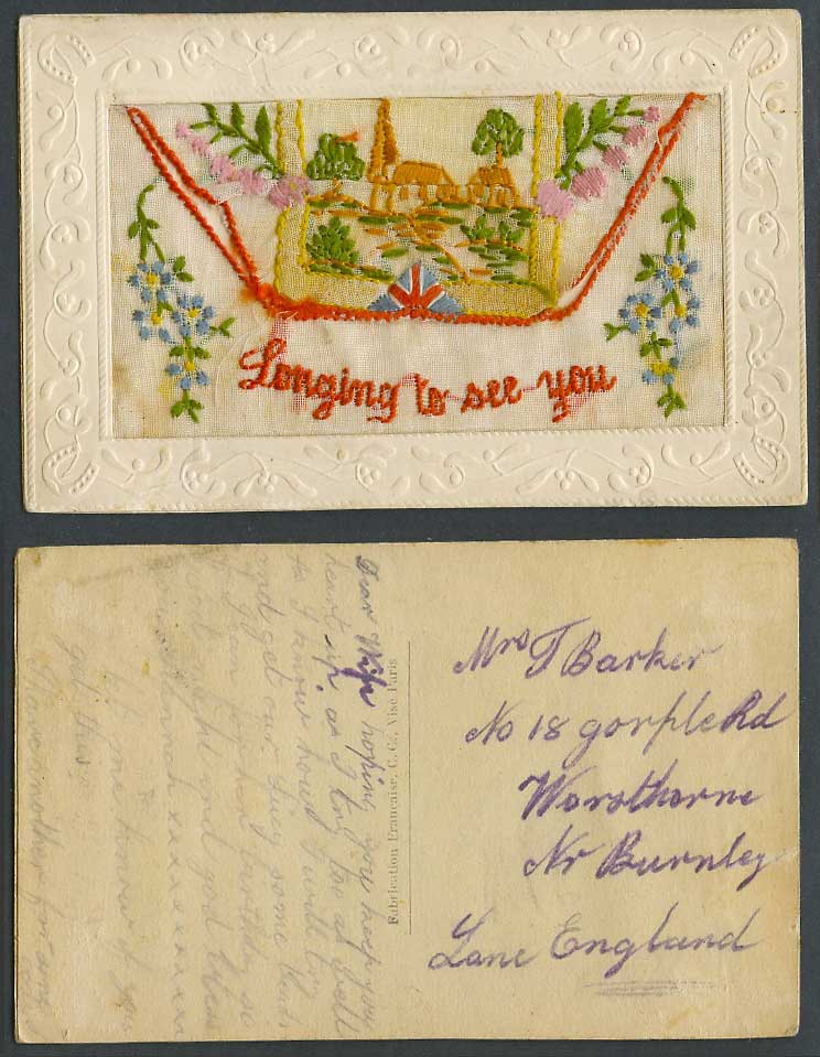 WW1 SILK Embroidered Old Postcard Longing To See You Church Flowers Empty Wallet