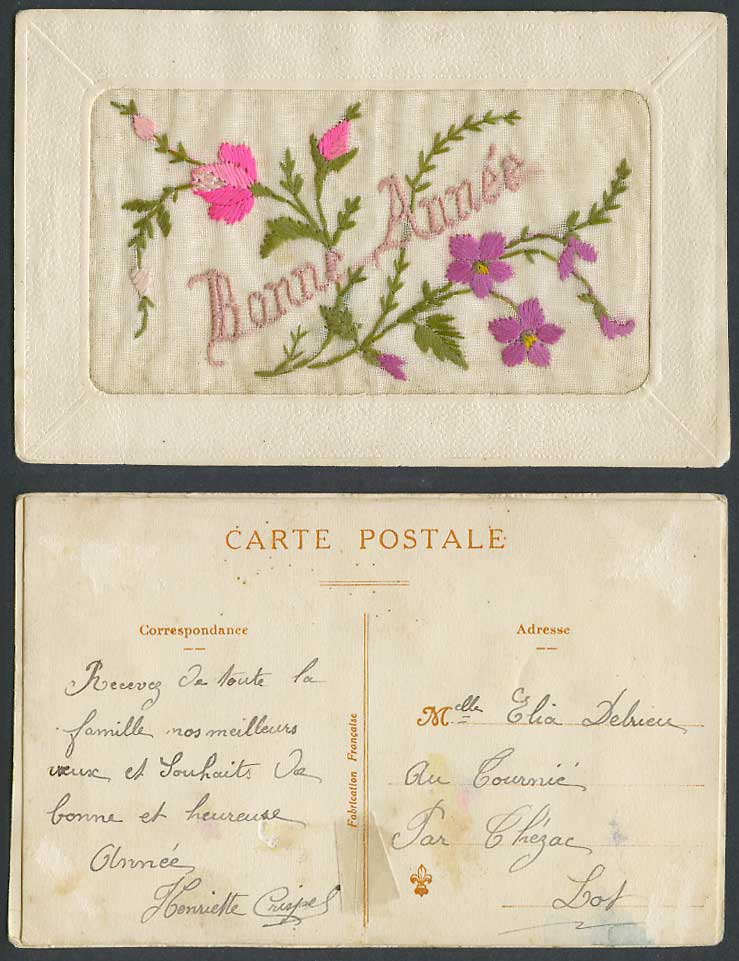 WW1 SILK Embroidered Old Postcard Flowers, Bonne Annee Happy New Year, Greetings