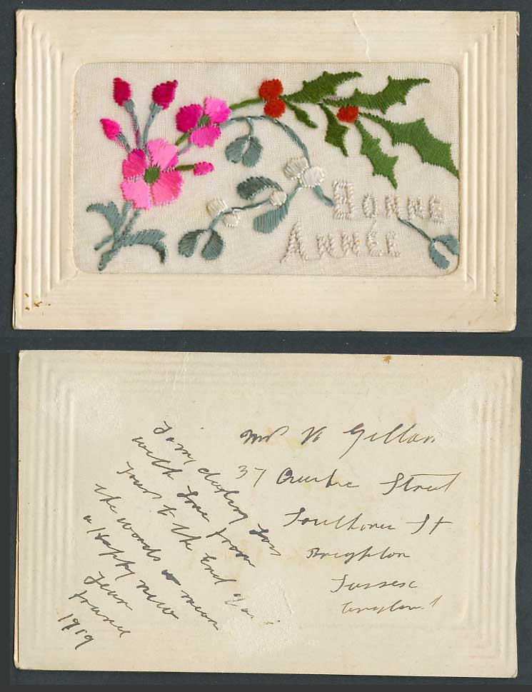WW1 SILK Embroidered 1919 Old Postcard Flowers Holly, Bonne Annee Happy New Year