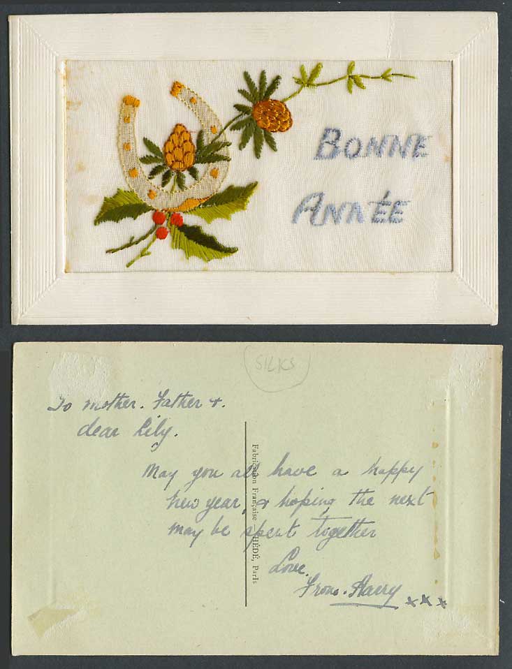 WW1 SILK Embroidered Old Postcard Horseshoe Pine Cone Bonne Annee Happy New Year
