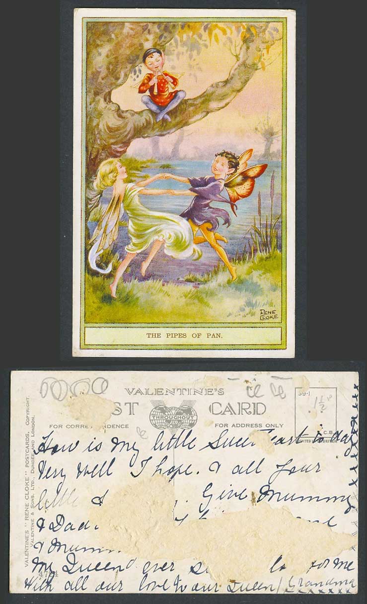 Rene Cloke Signed Old Postcard Fairy Fairies Dancing, The Pipes of Pan Peter Pan