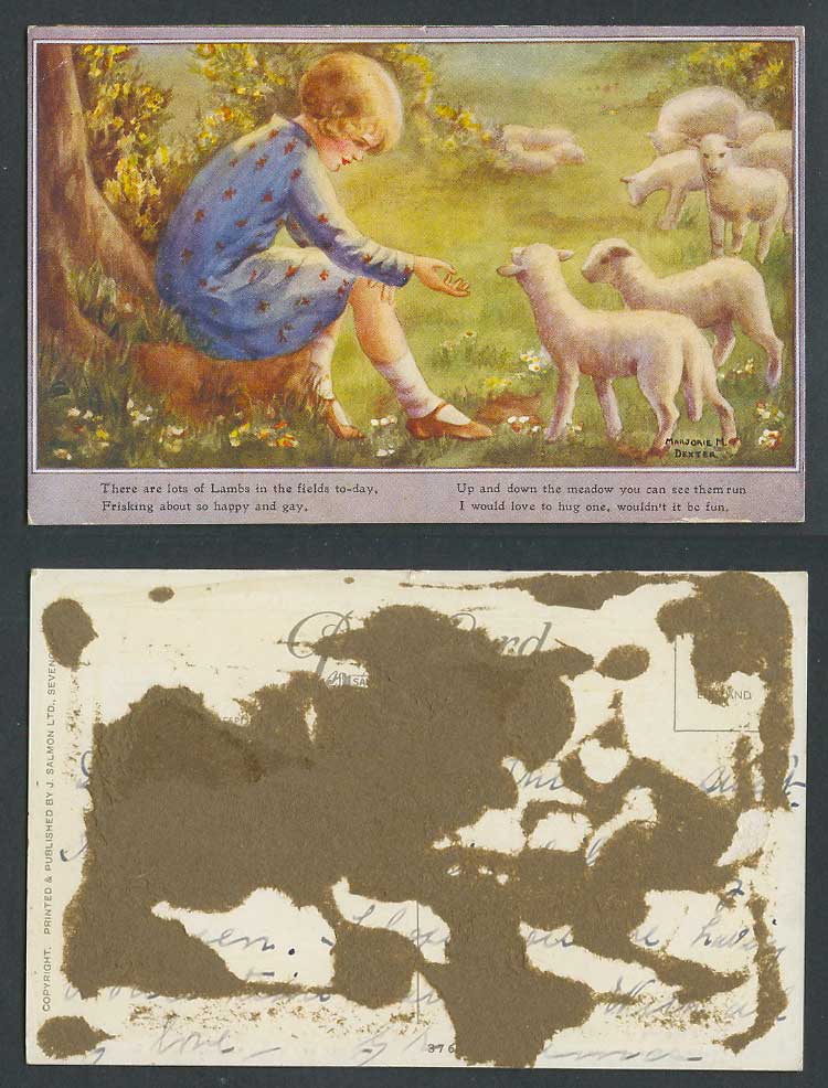 Marjorie M. Dexter Artist Signed Little Girl & Lambs Sheep Children Old Postcard