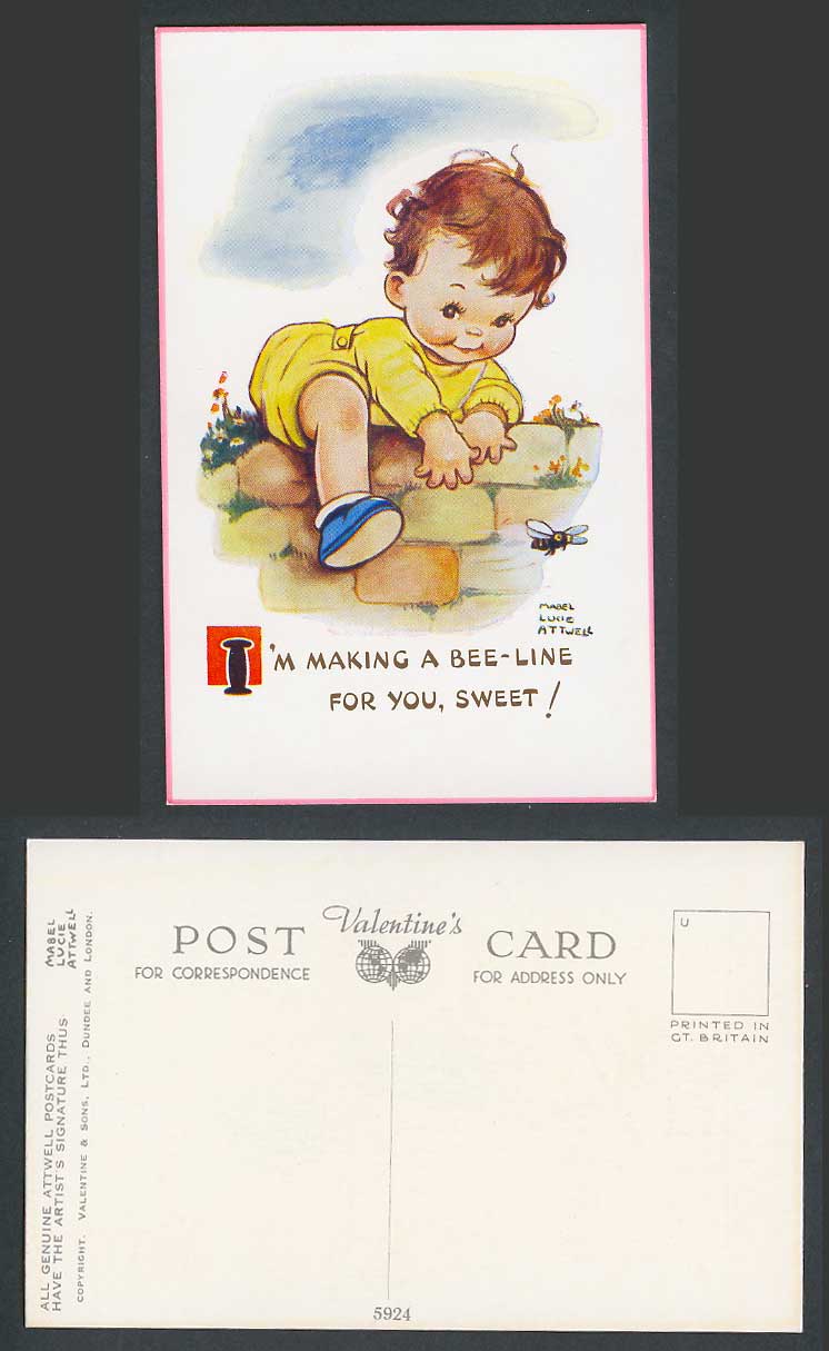MABEL LUCIE ATTWELL Old Postcard Girl I'm Making a Bee Line For You, Sweet! 5924