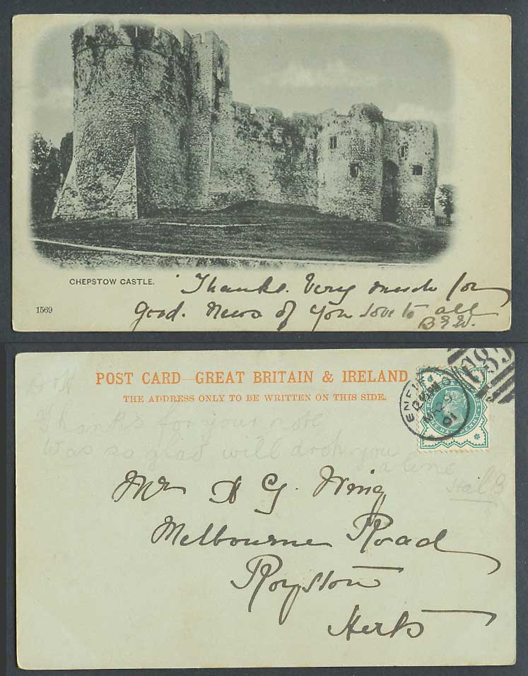 Chepstow Castle QV Q.V. 1/2d 1907 Old UB Postcard Ruins Wales Monmouthshire 1569