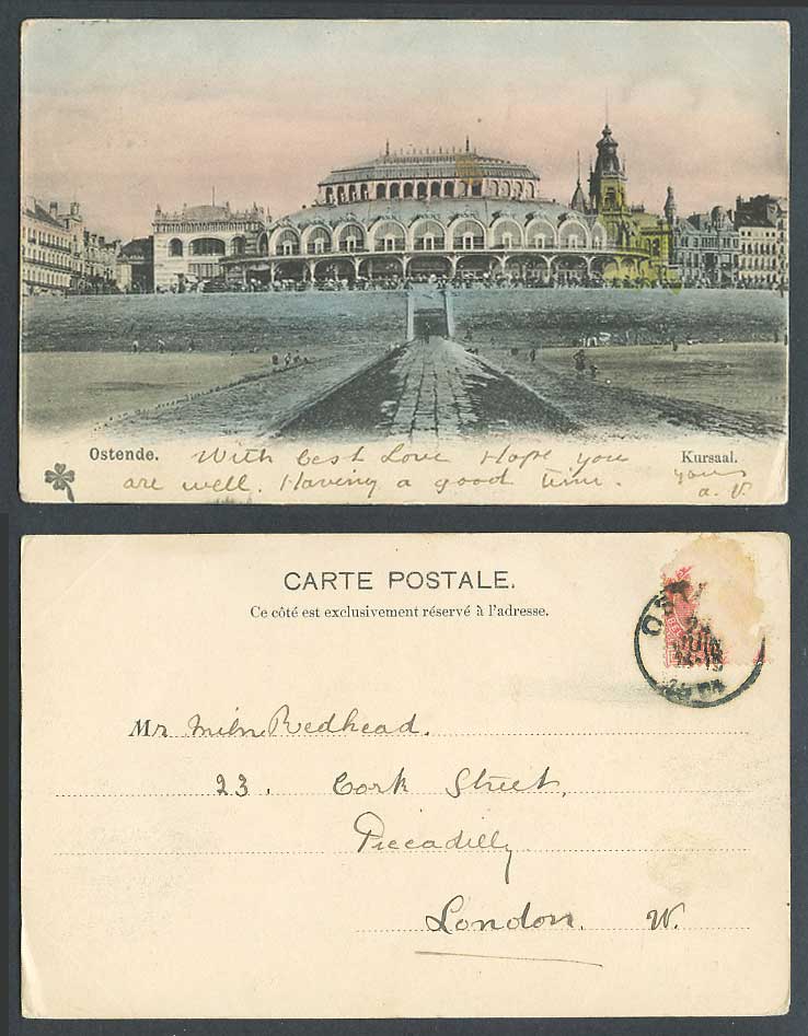 Belgium, Ostend Ostende, Kursaal, Beach Old Hand Tinted Postcard Undivided Back