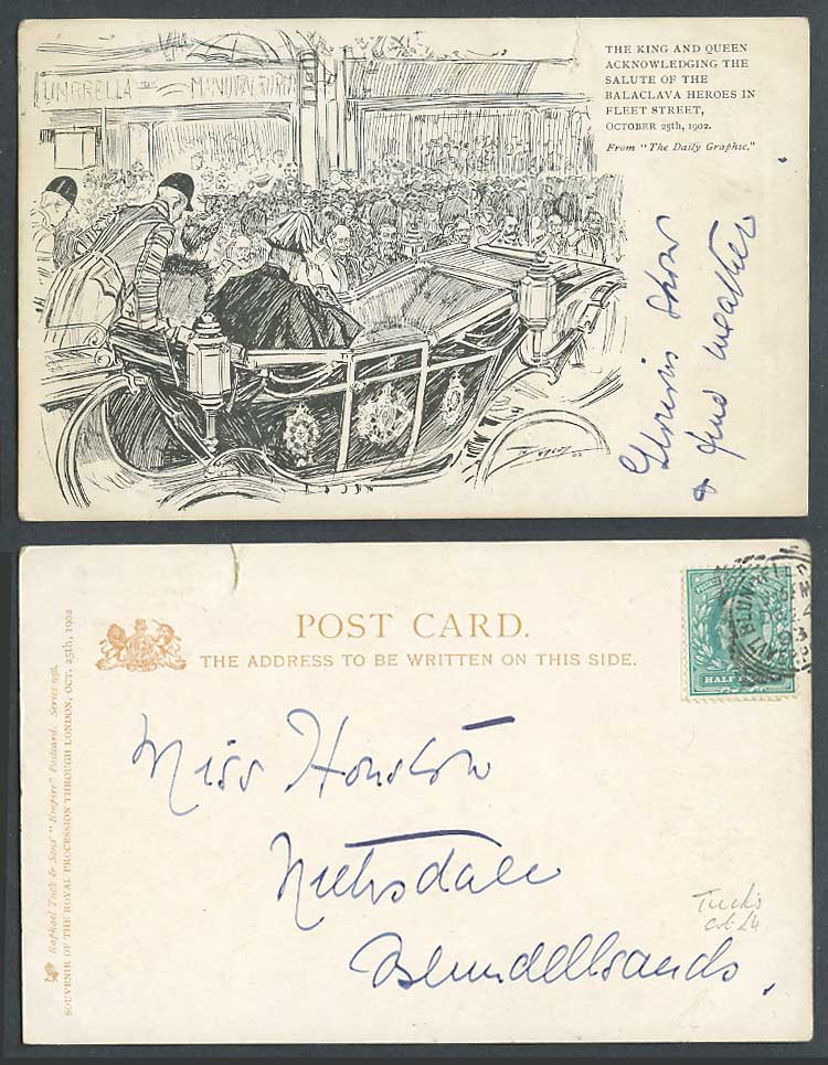 King & Queen Balaclava Heroes, KE7 1903 Old UB Postcard Fleet Street London 1902