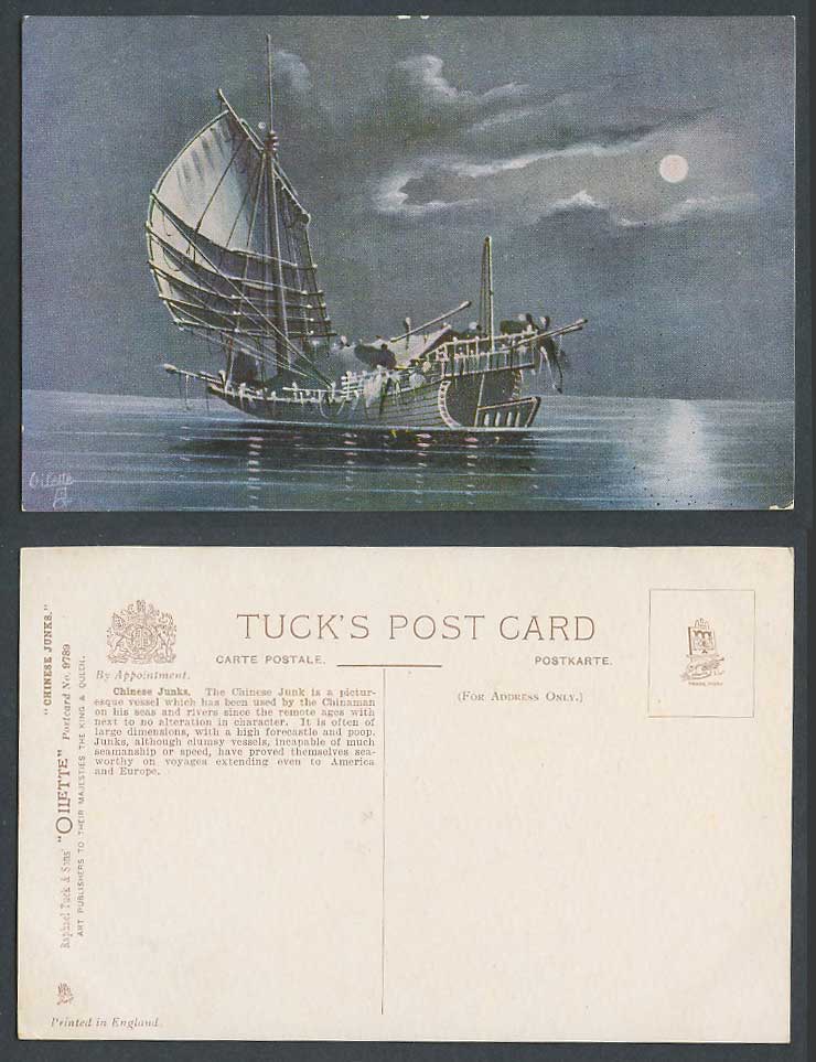 China Hong Kong Old Tuck's Oilette Postcard Chinese Junks Native Boats Moonlight