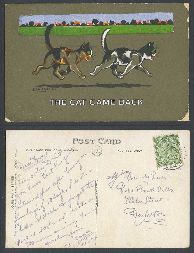 LOUIS WAIN Artist Signed 1916 Old Postcard The Cat Came Back Kitten Cats Kittens