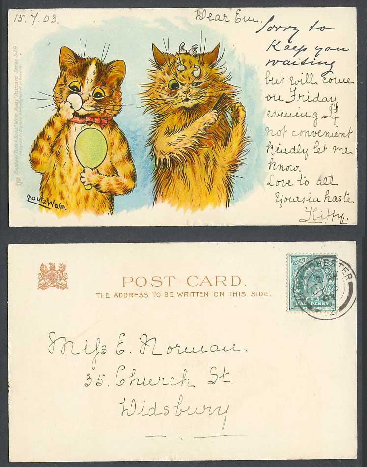 Louis Wain Signed Cat Sorry to Keep You Waiting, Write Away 1903 Old UB Postcard