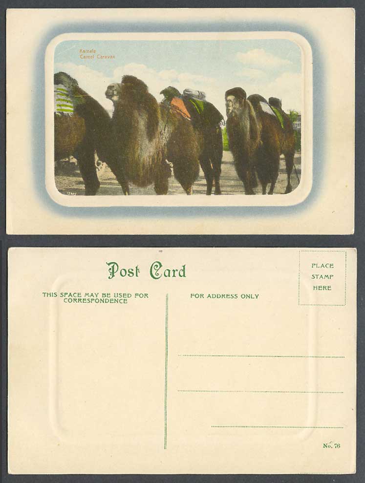 China Old Hand Tinted Postcard Mongolia Mongolian Camels Camel Caravan, Embossed