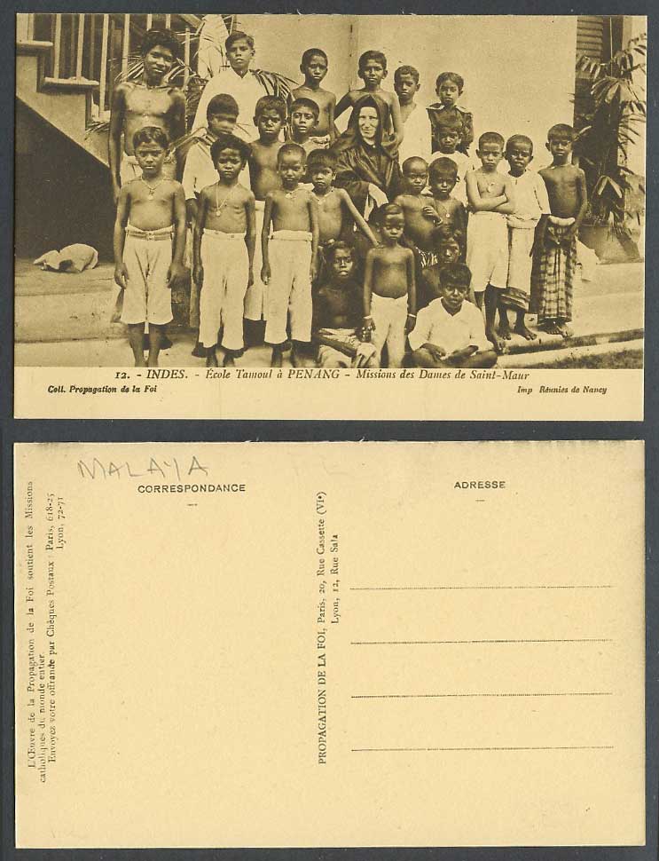 Penang Old Postcard India Tamil School, Missions Dames de Saint-Maur, Malay Boys