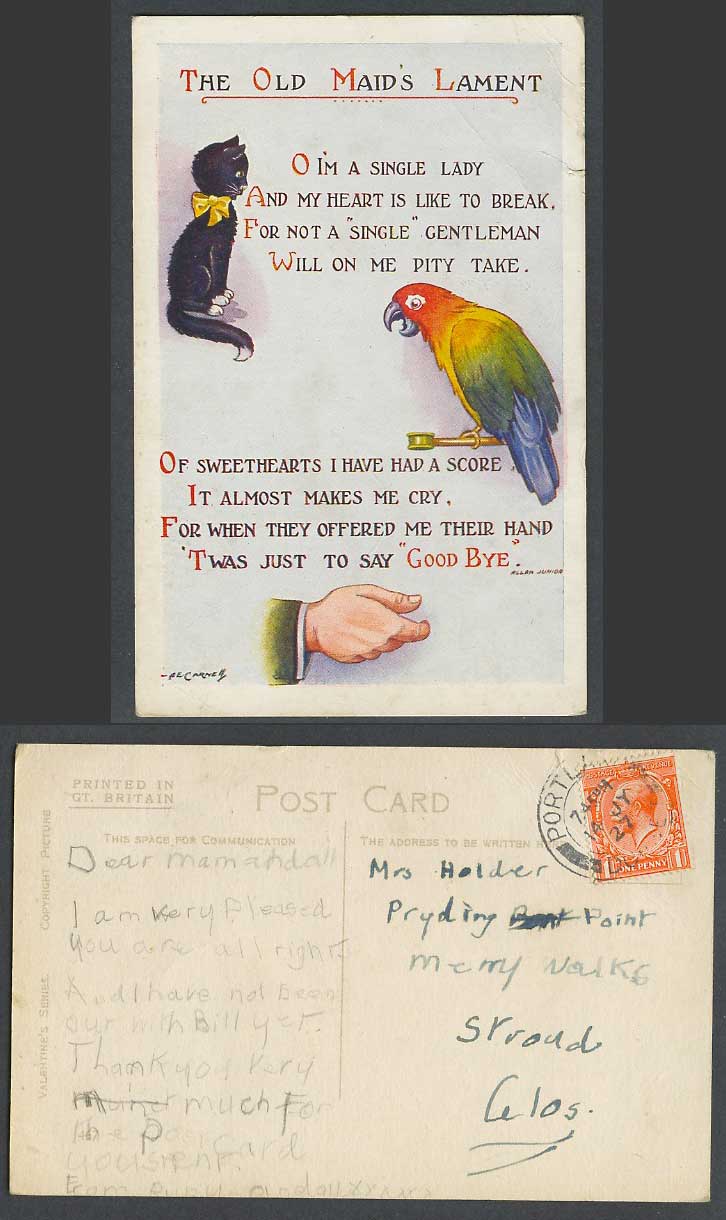 A.E. Carnell 1927 Old Postcard Black Cat Kitten Parrot Bird The Old Maids Lament
