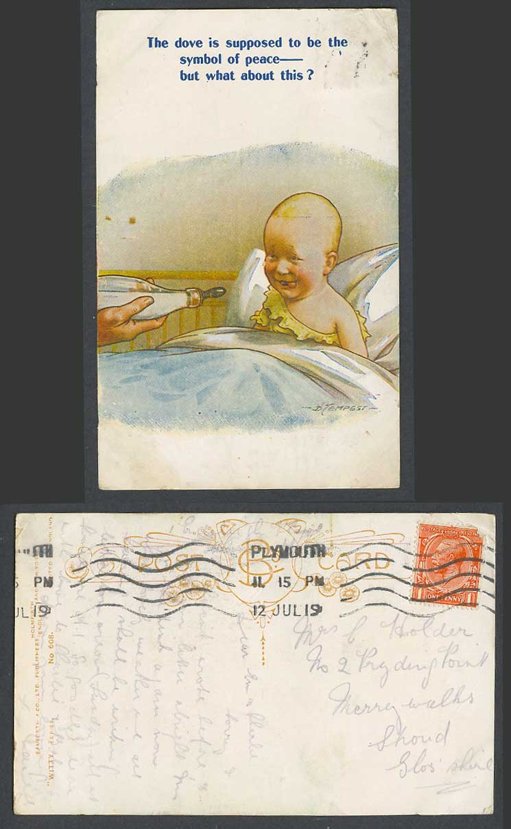 D. Tempest 1919 Old Postcard Baby Milk Bottle, Dove is Peace Symbol, What This?