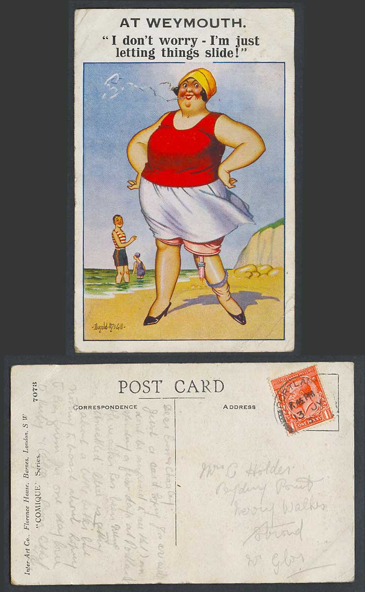 Donald McGill 1931 Old Postcard Fat Lady Woman at Weymouth Beach, I Don't Worry