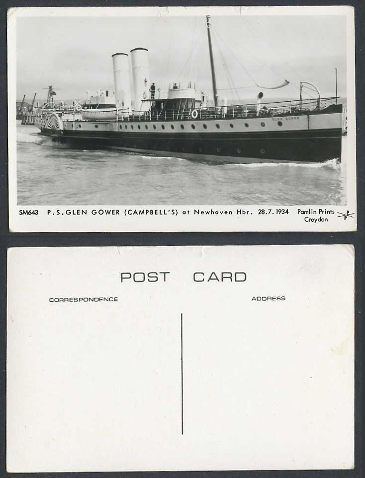 P.S. Glen Gower Campbell's Paddle Steamer, Newhaven Harbour 1934 Old RP Postcard