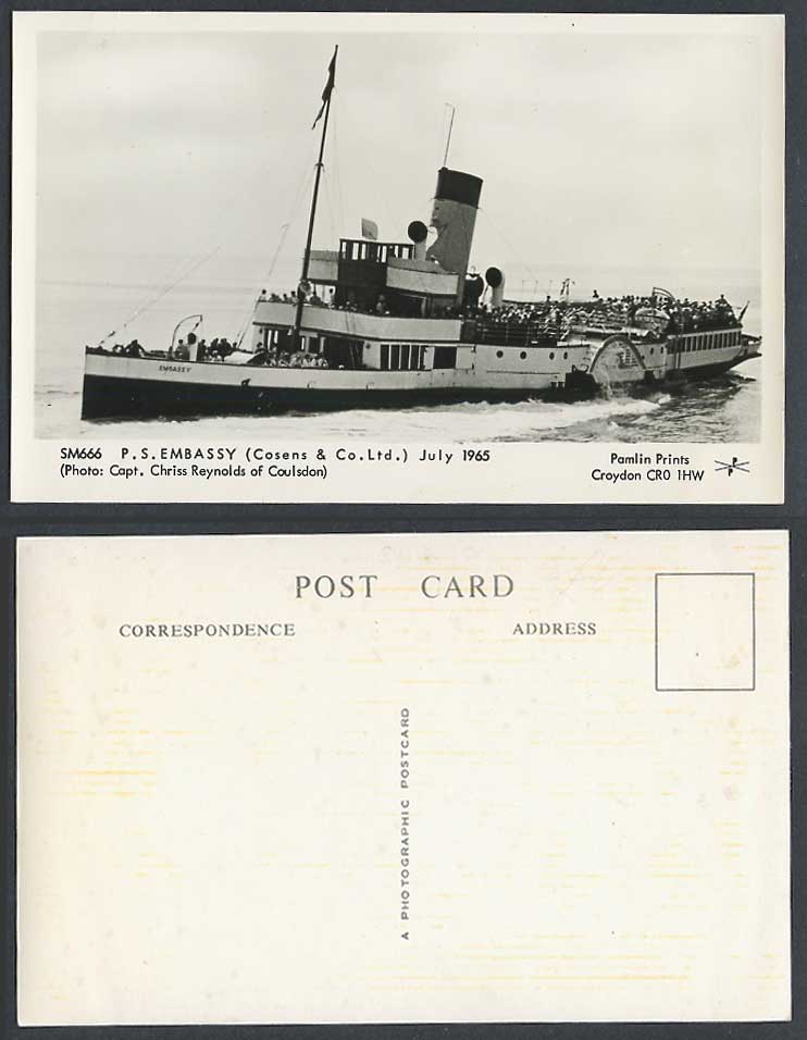 P.S. Embassy Paddle Steamer, Cosens & Co. Ltd. July 1965 Old Real Photo Postcard