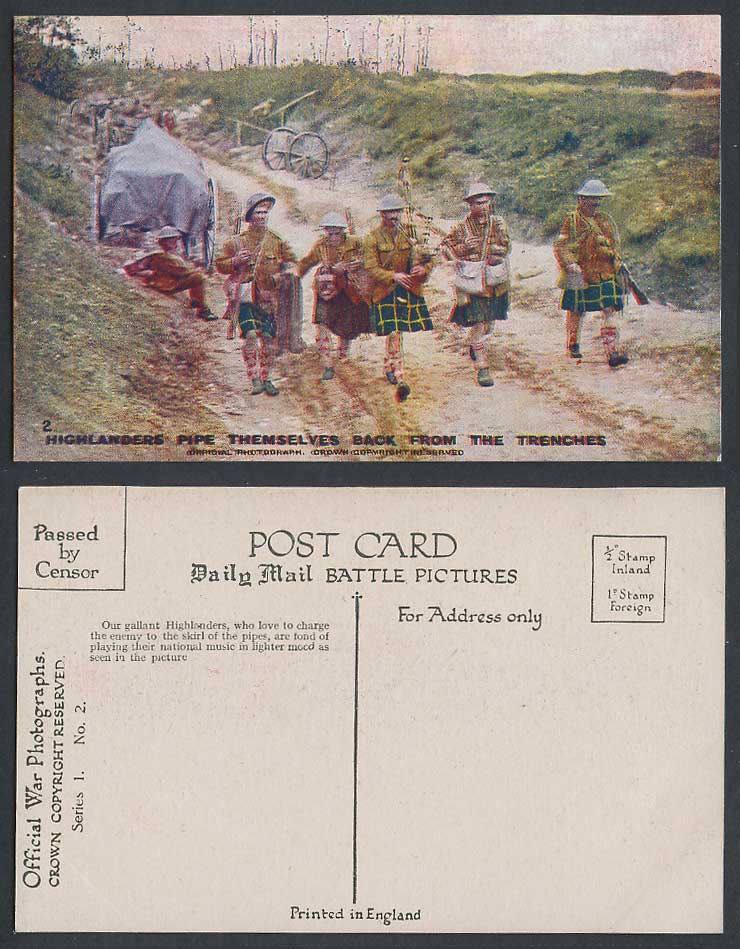 WW1 Daily Mail Old Colour Postcard Highlanders Pipe Themselves Back from Trench