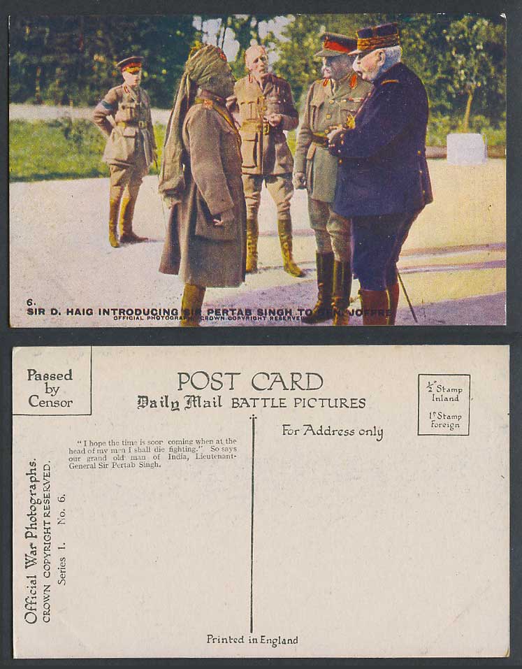 WW1 Daily Mail Old Colour Postcard Sir D HAIG Introducing PERTAB SINGH to JOFFRE