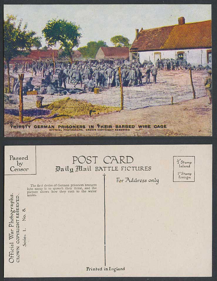 WW1 Old Color Postcard THIRSTY GERMAN PRISONERS of WAR in Their BARBED WIRE CAGE