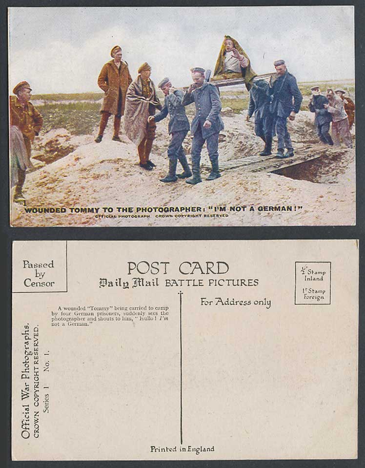 WW1 Old Postcard Wounded Tommy, I'm Not a German Prisoner of War P.O.W. Soldiers