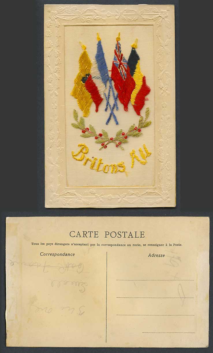 WW1 SILK Embroidered Old Embossed Postcard Britons Au, Flags Flag, Holly Hollies