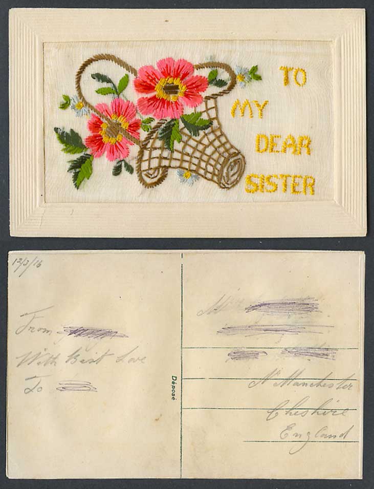 WW1 SILK Embroidered 1916 Old Postcard To My Dear Sister, Flowers Basket Novelty