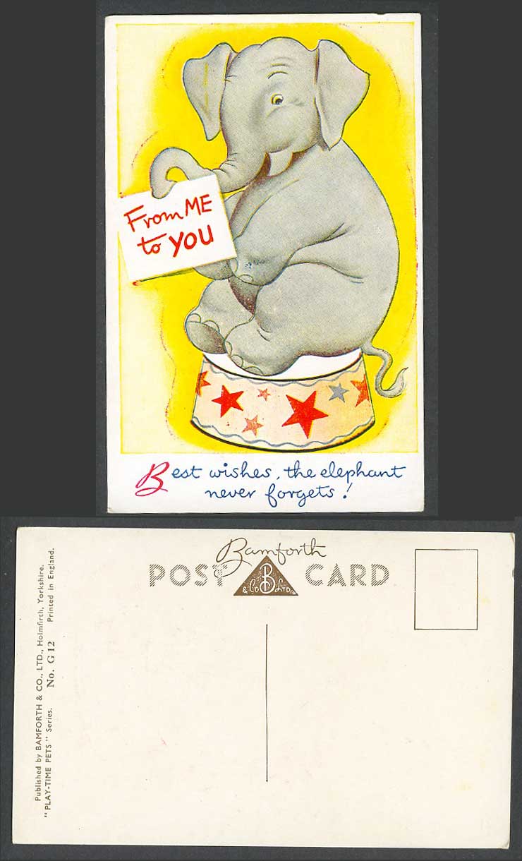 Circus Elephant From Me to You, Best wishes elephants never forgets Old Postcard