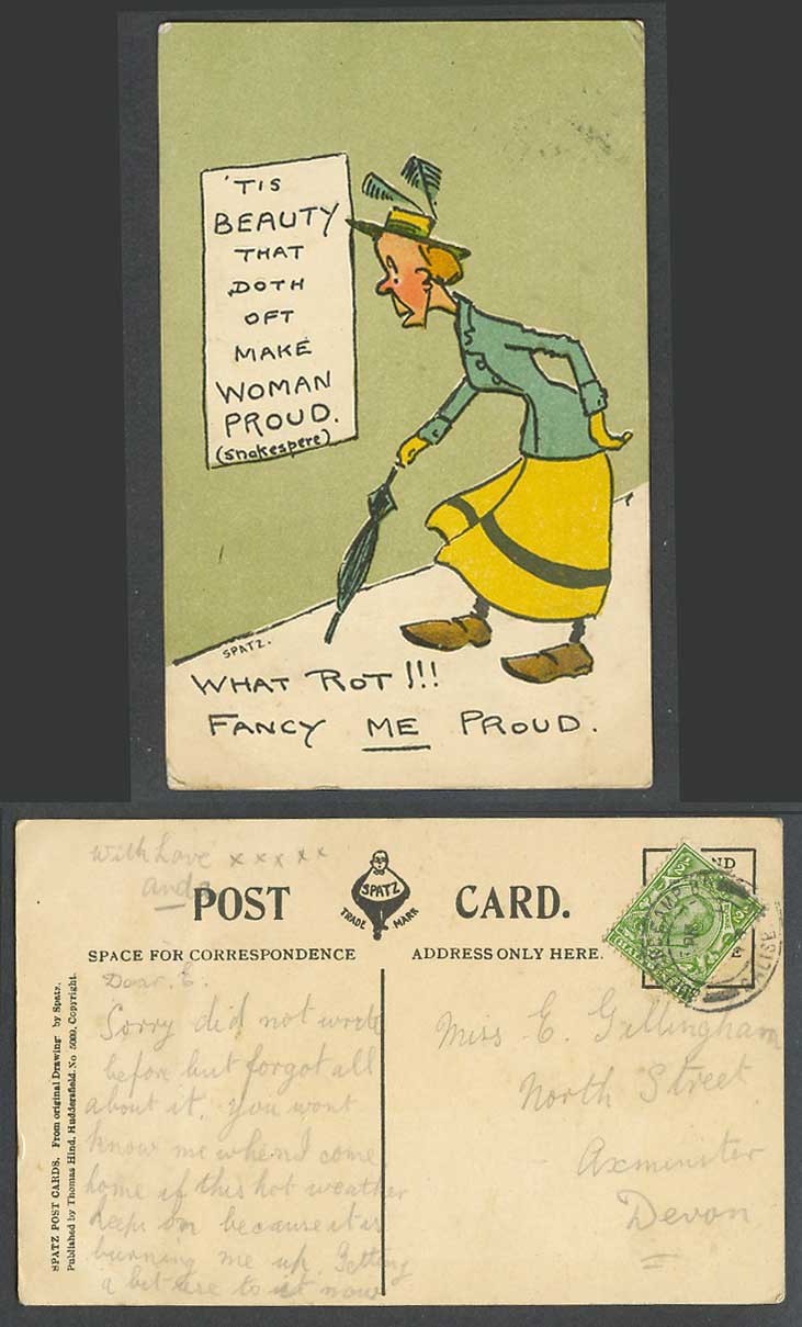 Spatz Artist Signed 1913 Old Postcard Shakespeare What Rot Fancy Me Round, Woman