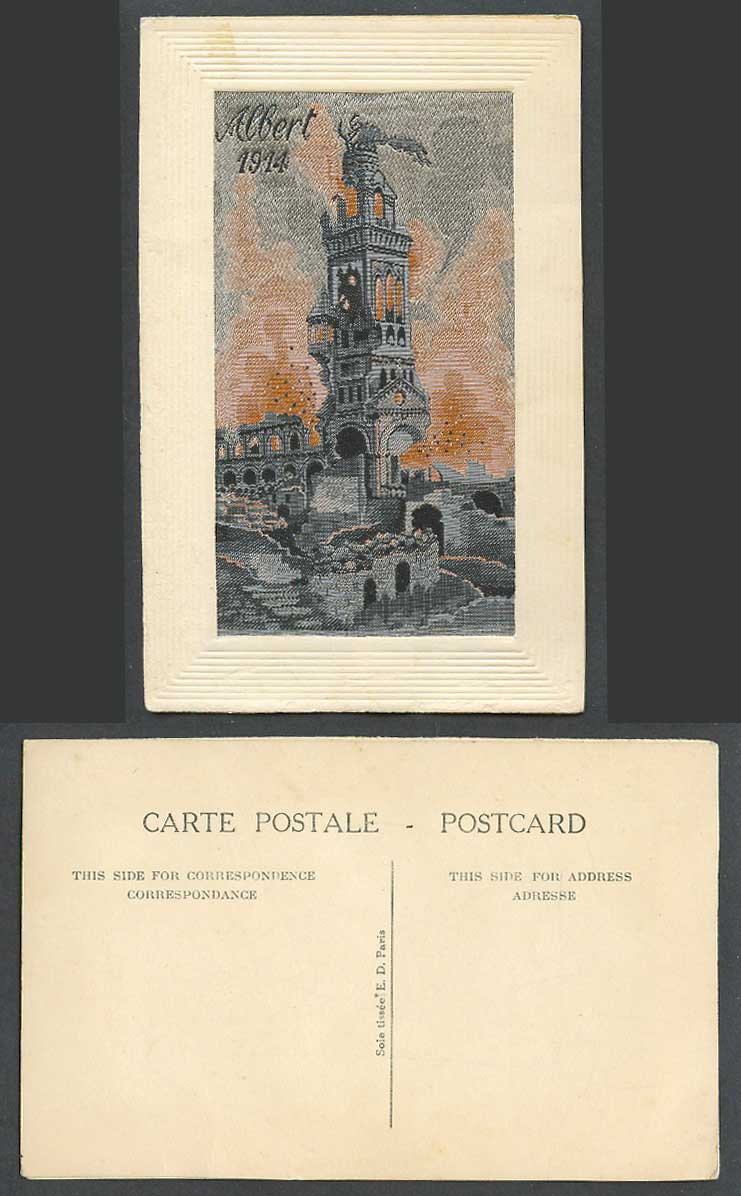 WW1 SILK Embroidered Old Postcard ALBERT 1914 on FIRE, Battle War Ruins, Novelty