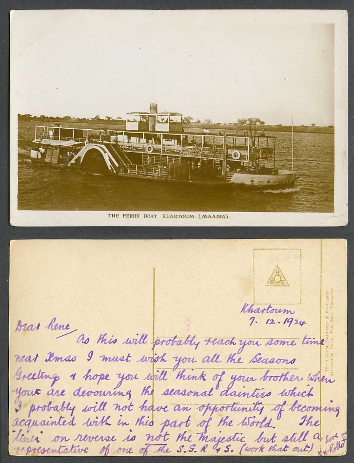 Sudan 1924 Old Real Photo Postcard The Ferry Boat Khartoum Maadia, Ship Shipping