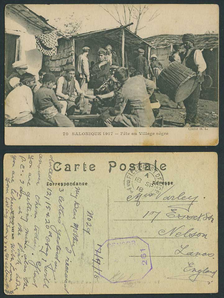 Greece 1918 Old Postcard Salonica Salonique Fete au Village Negre, Drum Festival