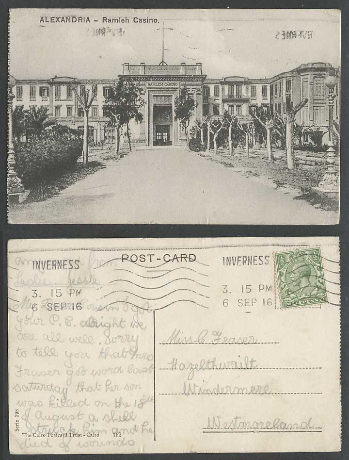 Egypt GB KG5 1/2d 1916 Old Postcard Alexandria Ramleh Casino Entrance Alexandrie