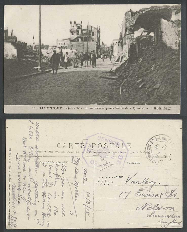 Greece WW1 Censor 1918 Old Postcard Street Ruins N Quays Salonica Salonique 1917