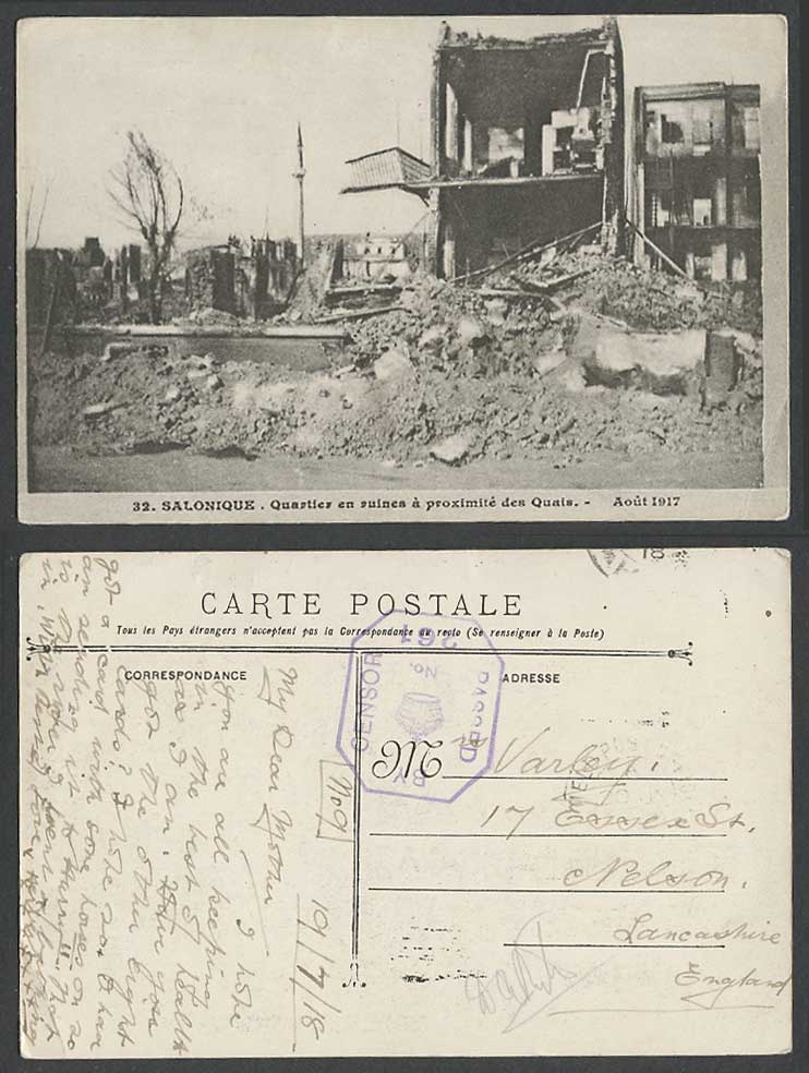 Greece Censored 1918 Old Postcard Salonica Salonique Quarters in Ruins nr. Quays
