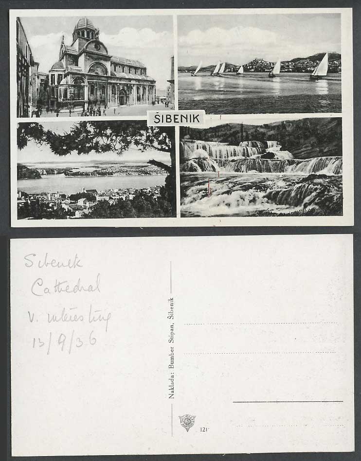 Croatia 1936 Old Postcard Sibenik St. James's Cathedral, Yachts Boats Waterfalls