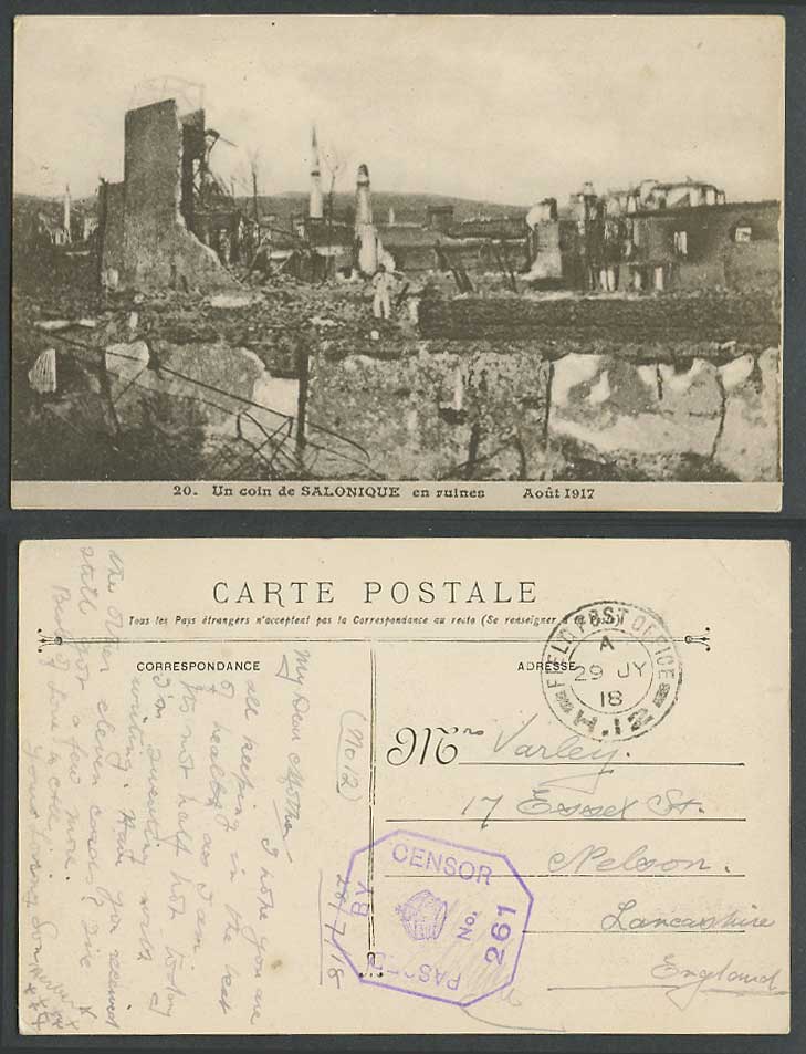 Greece WW1 Censor 1918 Old Postcard A Corner of Salonica in Ruins Salonique 1917
